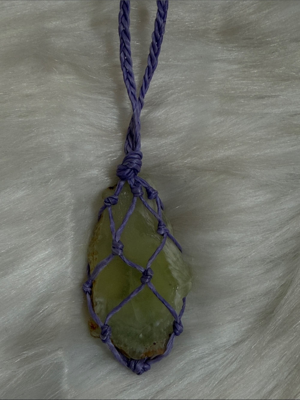 Handcrafted Light Yellow Stone Macrame Necklace with Purple Cord